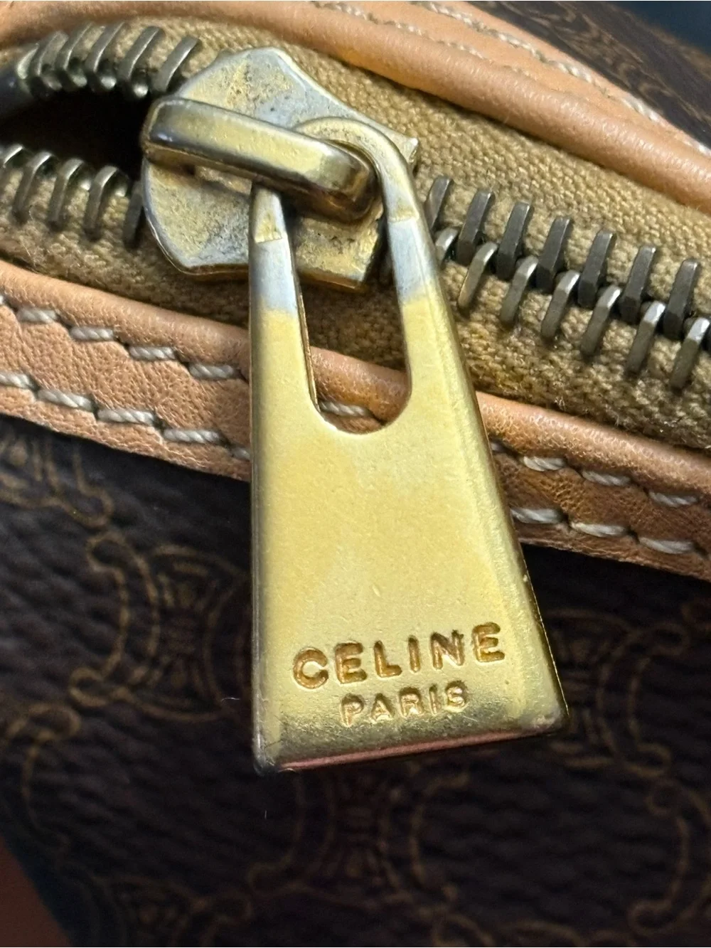 Celine Brown Monogram Canvas Crossbody Bag with Tan Leather Trim